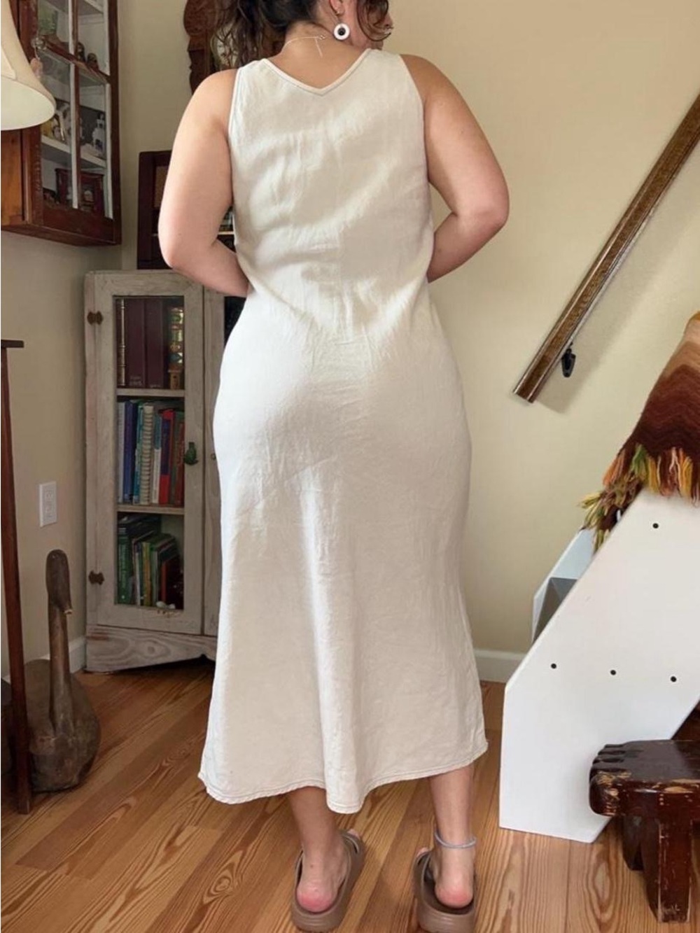 Vivid 100% Linen Cream Midi Dress Fitted Flowy Minimalist Boho Coastal Medium